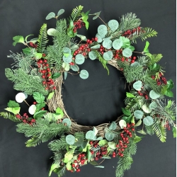Green Pine Wreath with Red Berries 20"
